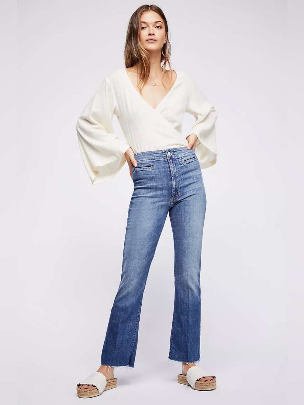MOTHER Laced Hustler Mid-Blue High-Rise Flare Jeans